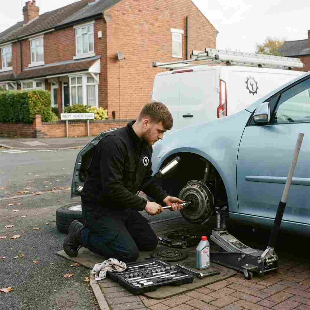 Clutch replacement Birmingham mechanic inspecting a car clutch